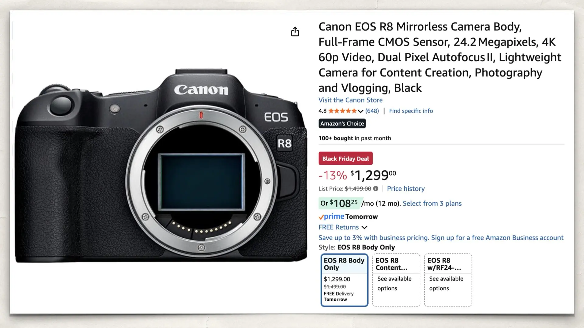 Canon EOS R8 Body on Amazon.