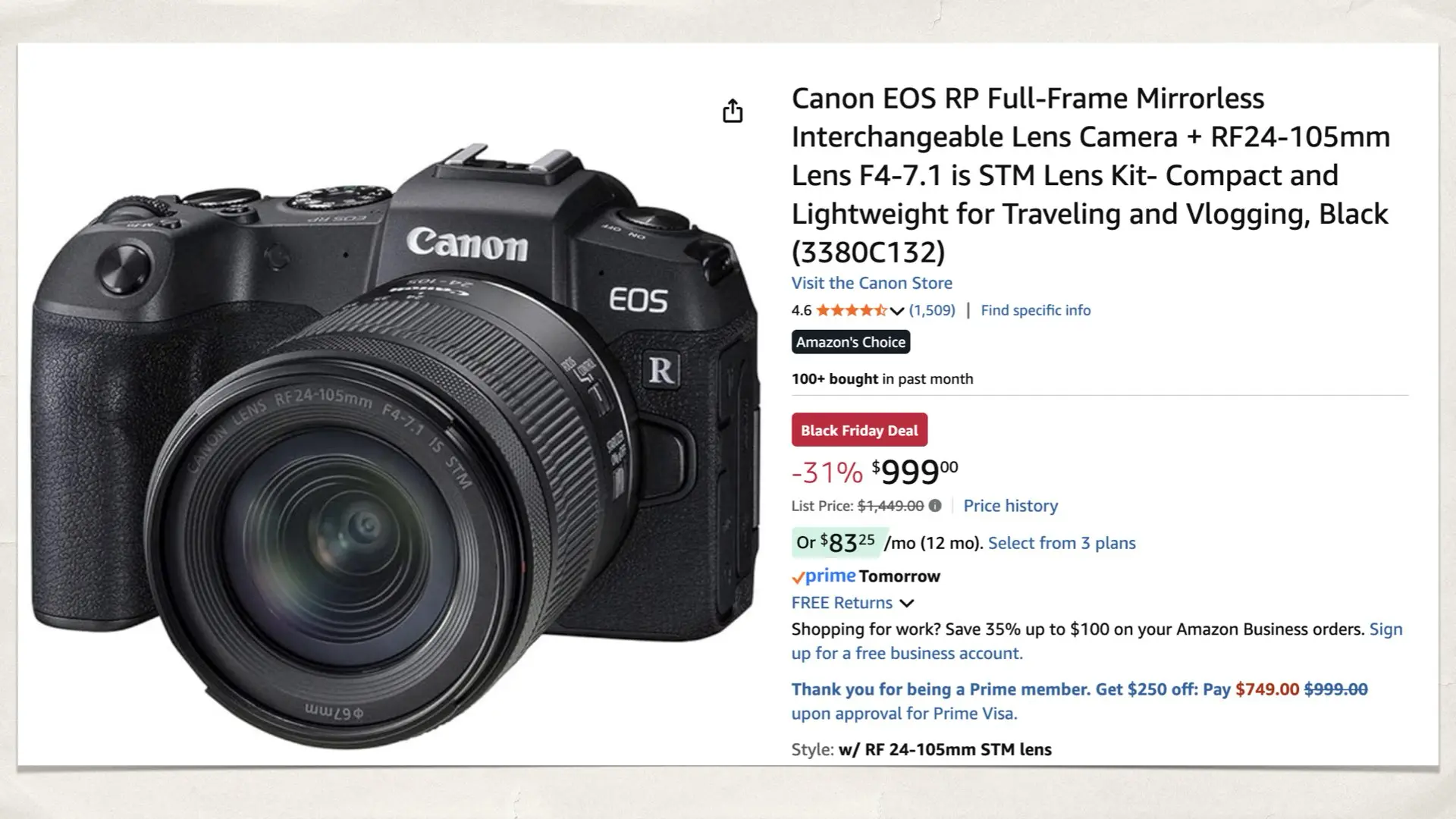 Canon EOS RP with RF24-105mm Lens on Amazon