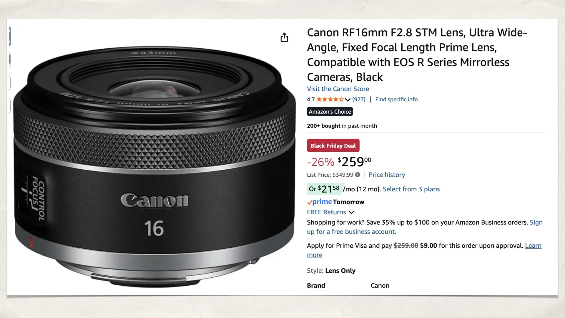Canon RF16mm F2.8 STM Lens on Amazon.