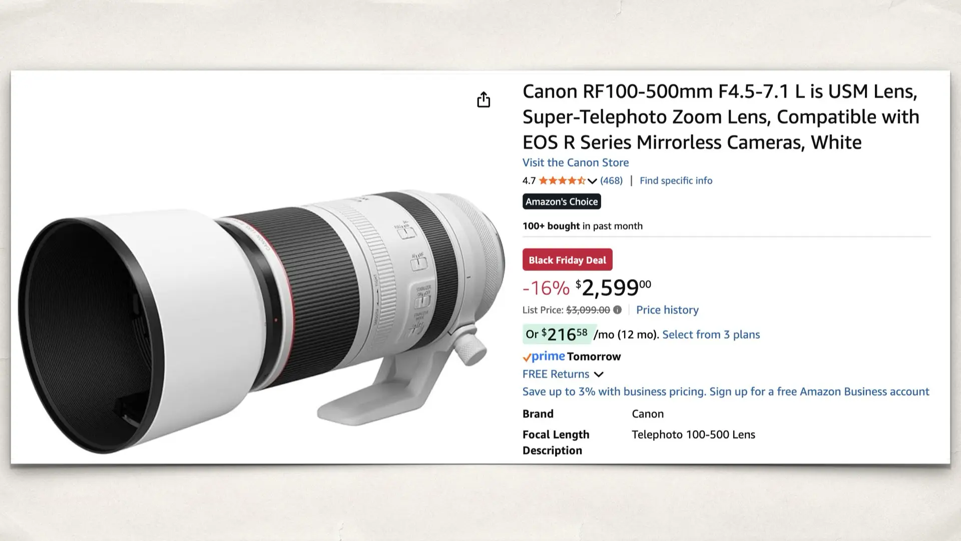 Canon RF100-500mm F4.5-7.1 L IS USM Lens on Amazon.
