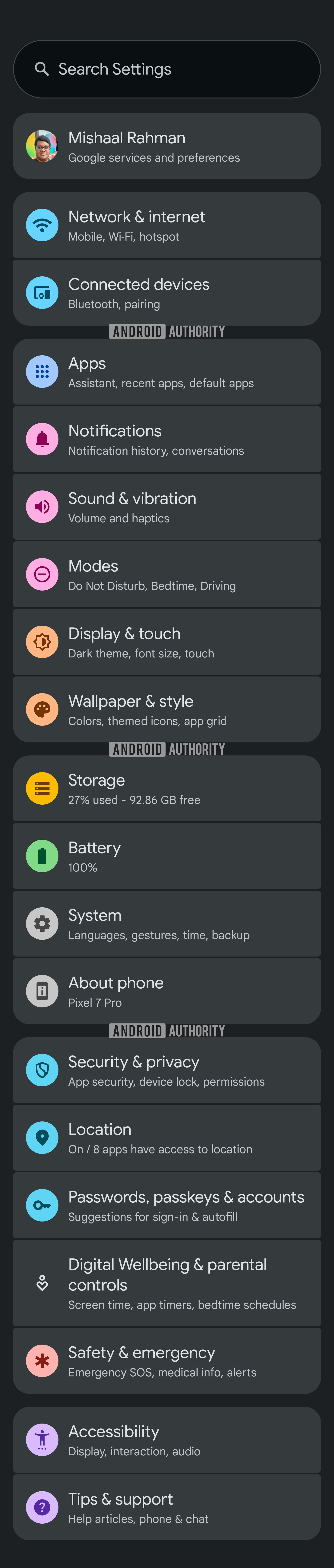 Expressive top level Settings dark design in Android 16 Beta 4 Expressive top level Settings dark design in Android 16 Beta 4