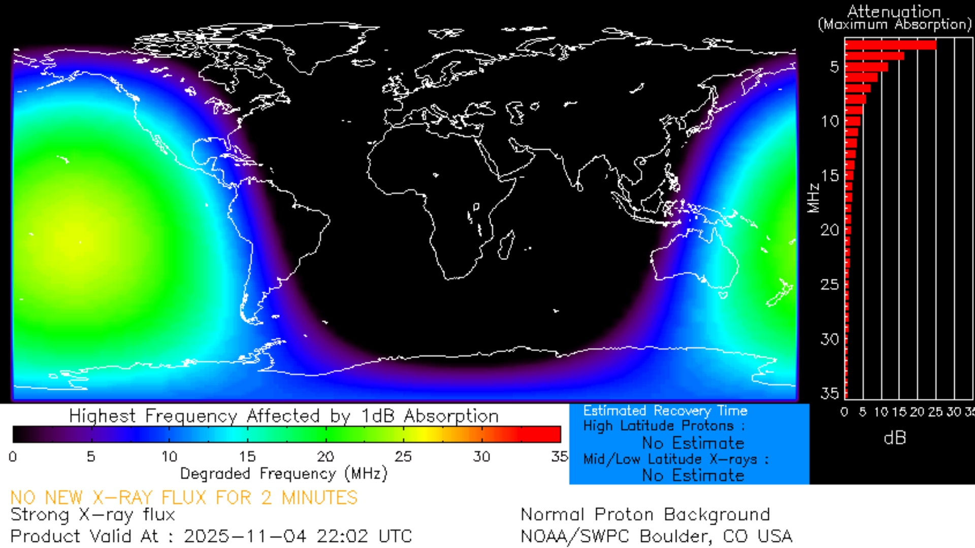 map showing radio blackouts across the pacific, new zealand and eastern australia. The blackouts were triggered by the X1.1 flare on Nov. 4, 2025.