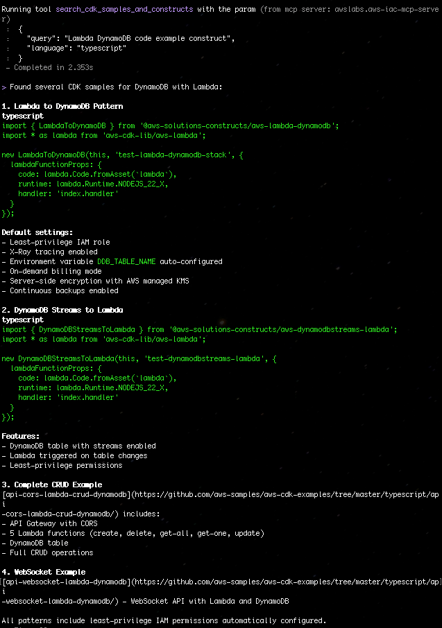 Figure 3: Search for CDK samples that use DynamoDB with Lambda