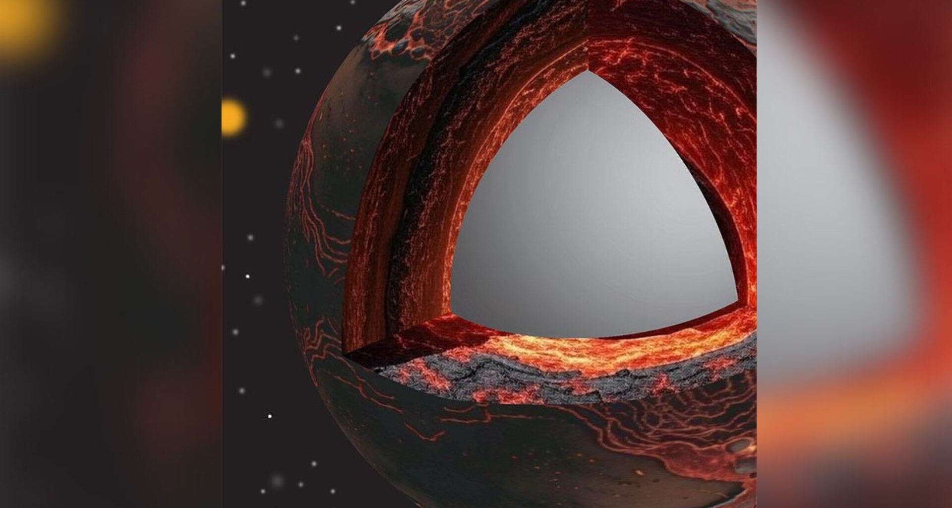 The illustration shows a cutaway revealing the interior of early Earth with a hot, melted layer above the boundary between the core and mantle.