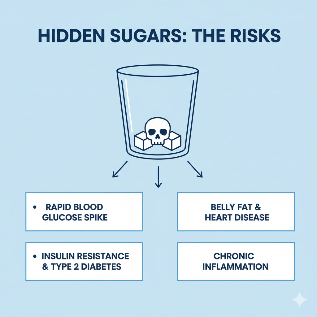 Eating too much hidden sugar can cause your blood sugar to spike, increasing the risk of diabetes, belly fat, heart disease, and inflammation. (Made using Gemini AI)