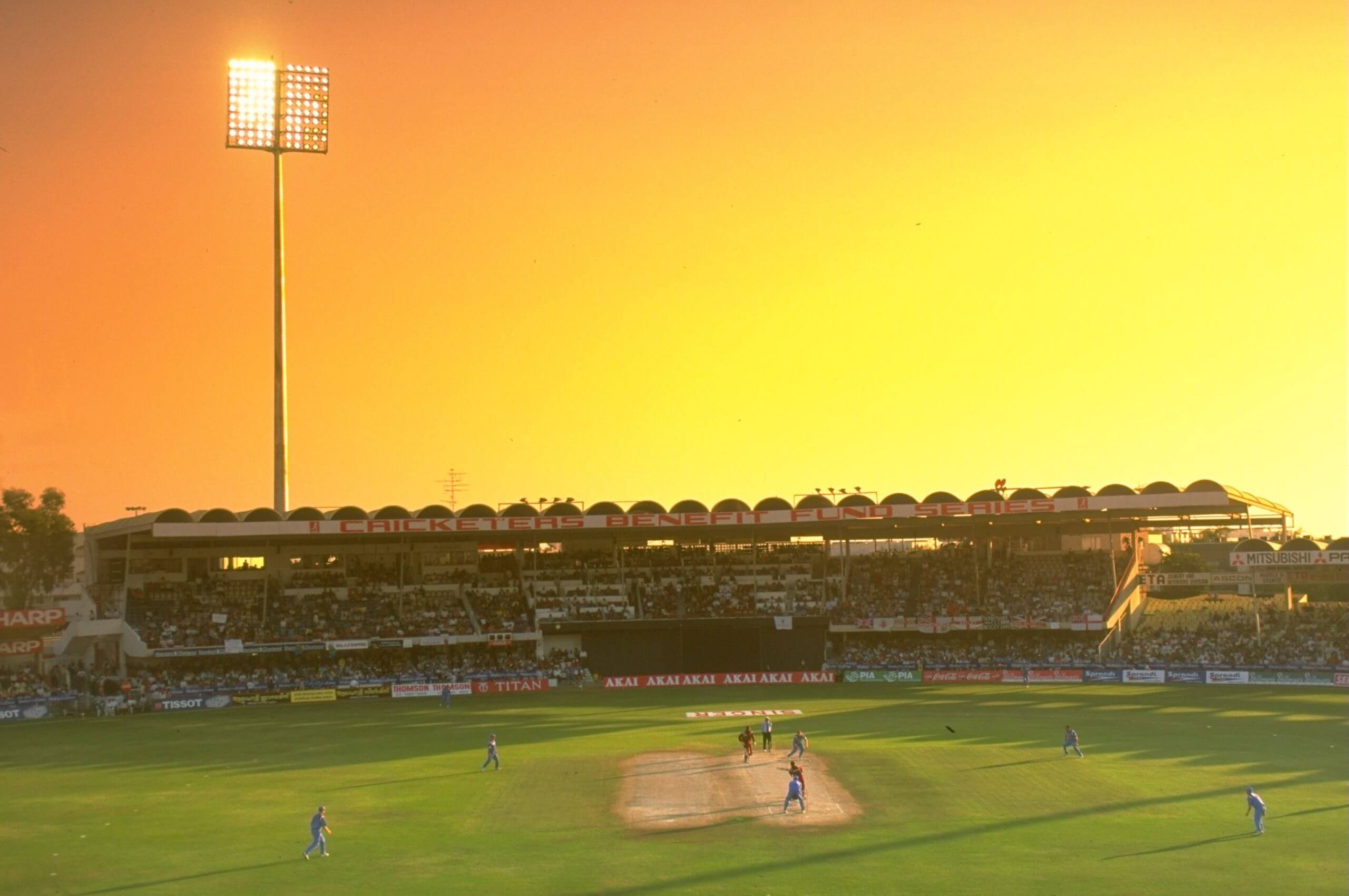 The sun sets over the Sharjah Cricket ground, in the UAE, during the 1997 Singer Champions Trophy