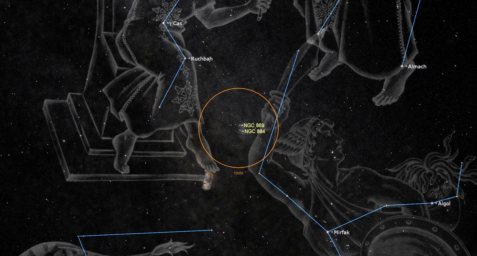 A close up of the night sky with labeled stars like Algol. In the middle of the image is an orange circle surrounding two star clusters: NGC 869 and NGC 884,