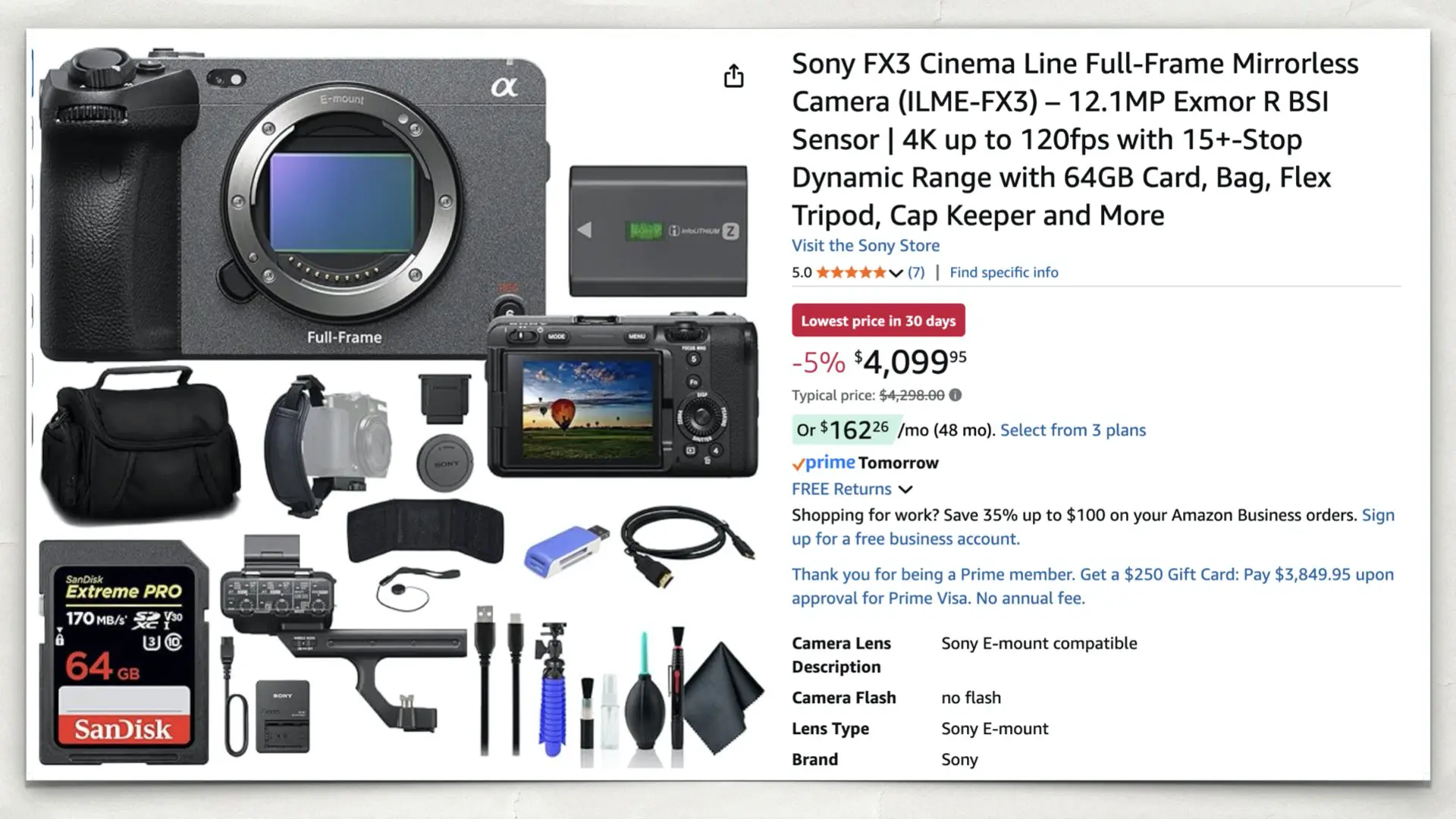 Sony FX3 Cinema Line Full-Frame Mirrorless Camera (ILME-FX3) – 12.1MP Exmor R BSI Sensor | 4K up to 120fps with 15+-Stop Dynamic Range with 64GB Card, Bag, Flex Tripod, Cap Keeper and More