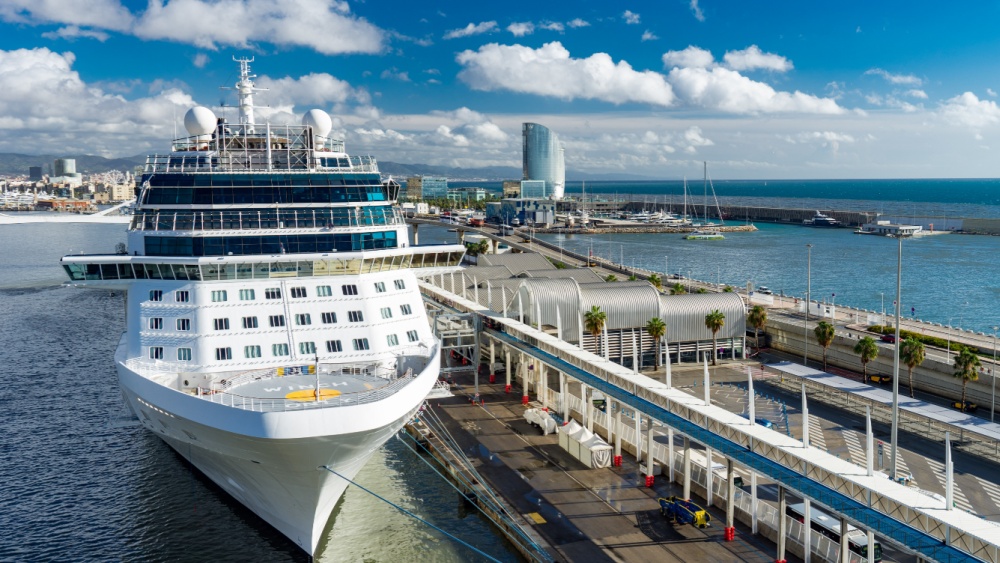 A cruise ship in the port.