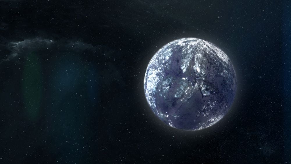 An artist's illustration of an Earth-mass rogue planet drifting through space. New research shows that rogue planets sent off into space by a supernova explosion could retain their moons. Tidal heating may make some of these moons habitable. Image Credit: NASA’s Goddard Space Flight Center