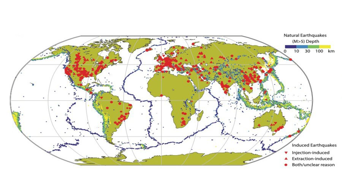 Induced earthquakes (in red) often occur in places other than the natural ones (blue – green – yellow)
