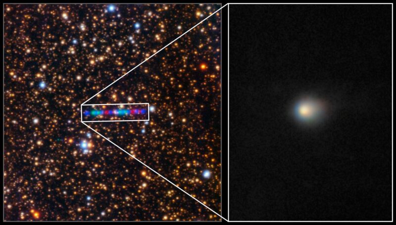 Left side showing a multicolored streak of light in a starfield, right side is closeup of the fuzzy object.