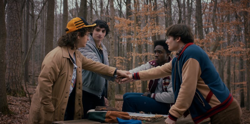 Stranger Things Season 5: Gaten Matarazzo as Dustin Henderson, Finn Wolfhard as Mike Wheeler, Caleb McLaughlin as Lucas Sinclair, and Noah Schnapp as Will Byers. Photograph: Netflix © 2025
