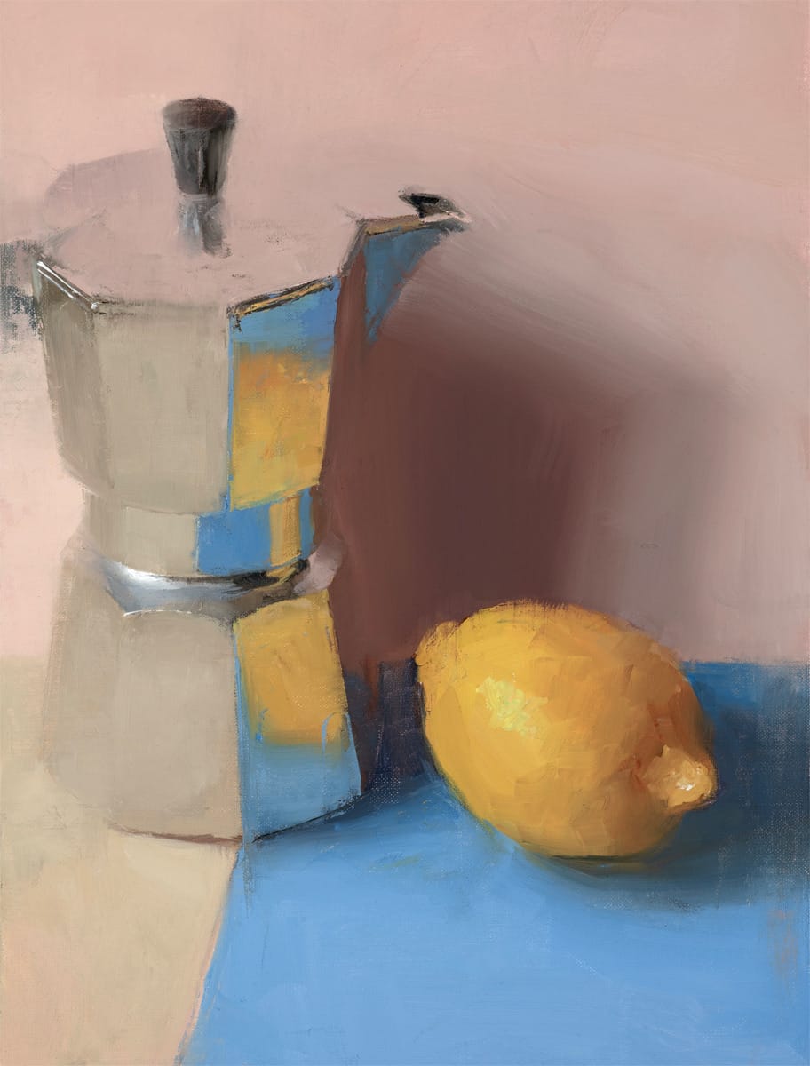 a painting of a reflective moka pot and lemon by kenny harris