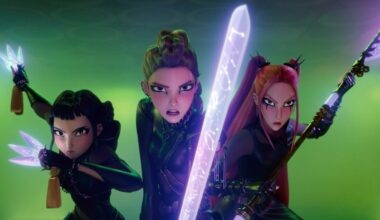 Huntr/x holds their weapons at something off-screen.