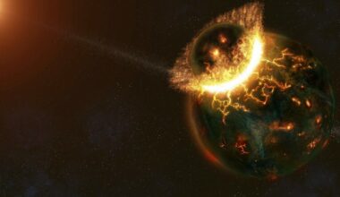 An illustration depicting two dark planets colliding with fire and lava spewing out.
