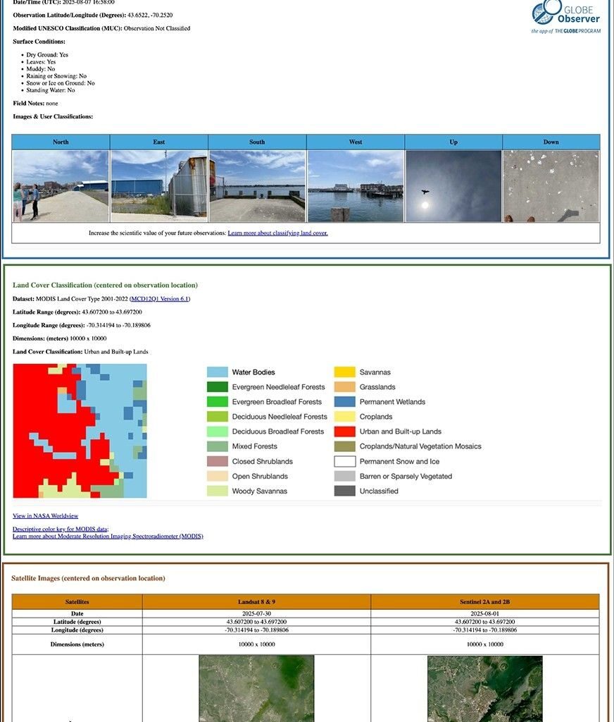 A screenshot of the GLOBE Land Cover satellite comparison table. The table includes information and photographs of the land, submitted by the volunteer, as well as a Moderate Resolution Imaging Spectroradiometer (MODIS) land cover classification image for that location and a Landsat and Sentinel-2 image closest in time to the GLOBE Observer observation.