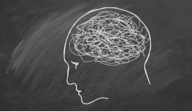 Silhouette of human head with tangled line inside instead of a brain.