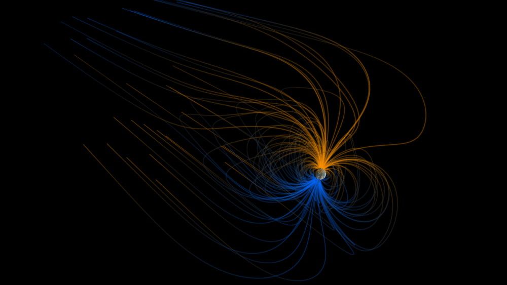 The visualization above shows the magnetic field around Earth, the magnetosphere, as it might look from space.