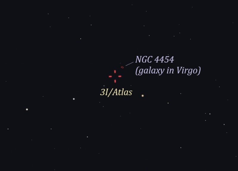 Star chart showing red marks for comet location and a tiny, dim red circle close to it labeled NGC 4454.