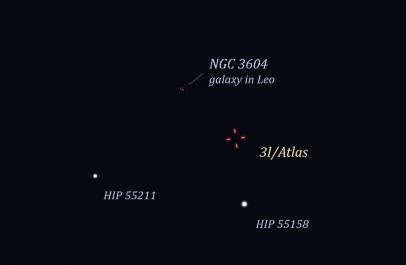 Star chart showing red marks for comet location, 2 labeled stars below, plus a tiny, dim labeled circle nearby.