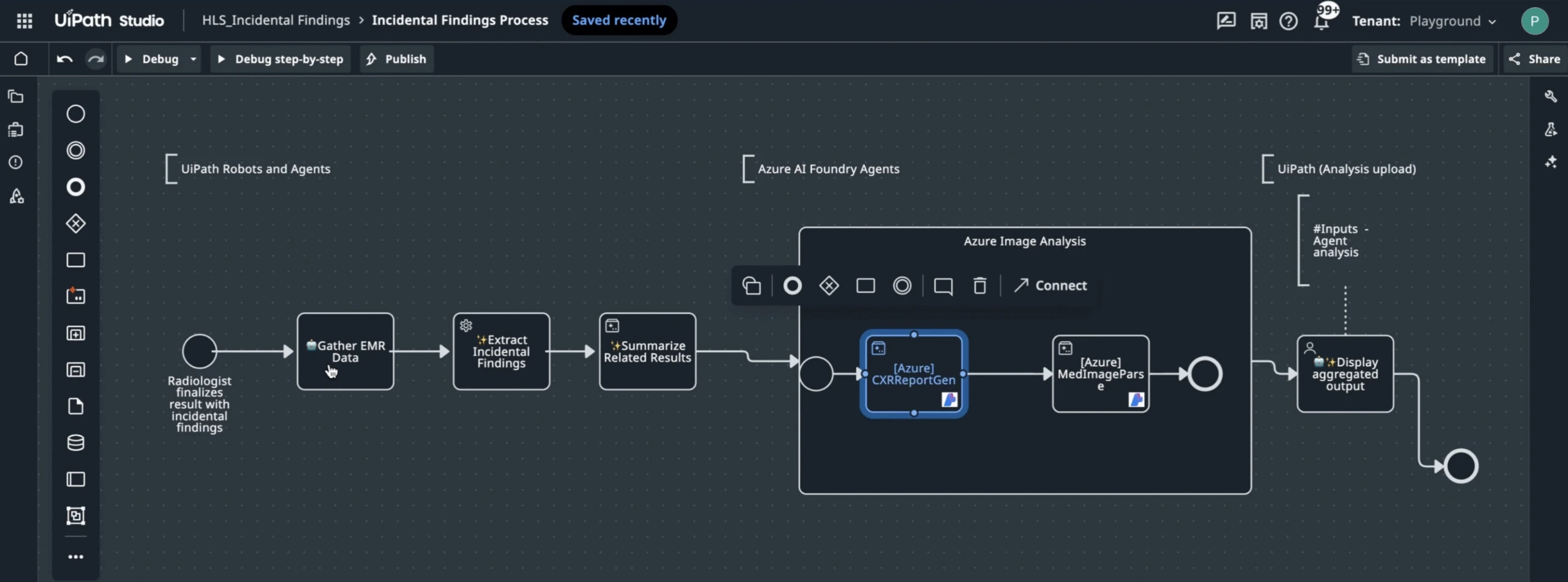 Workflow in UiPath Studio: gather EMR data, extract findings, summarize, analyze images, display output.