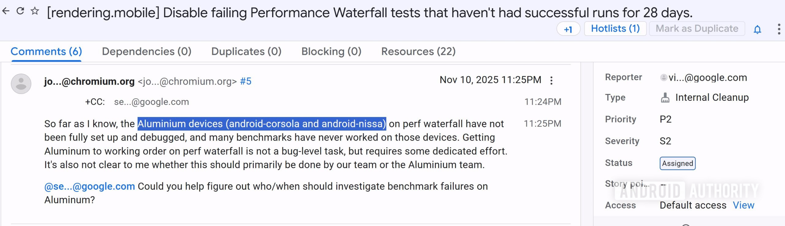 Mention of Aluminium OS devices in bug report
