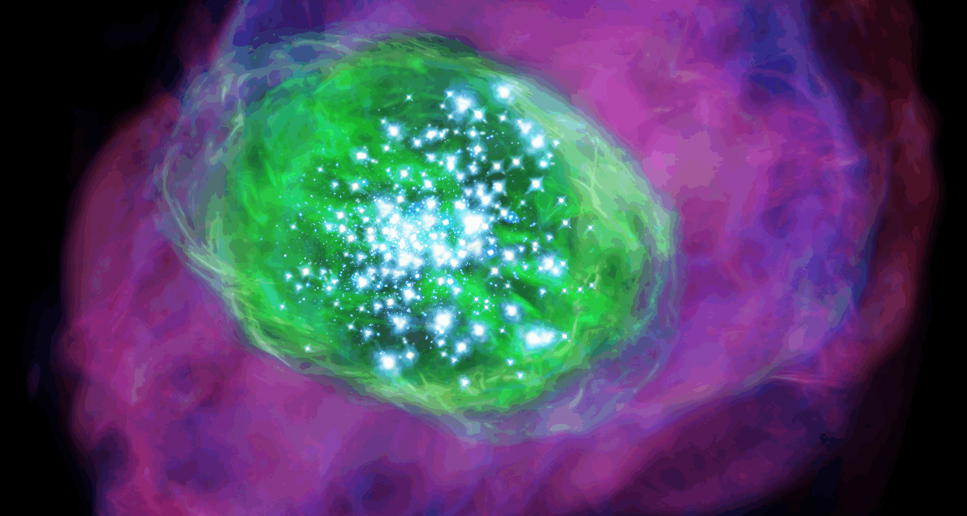 A swirl of green light around a series of white dots shows a young galaxy, with purple around the green lit bubble