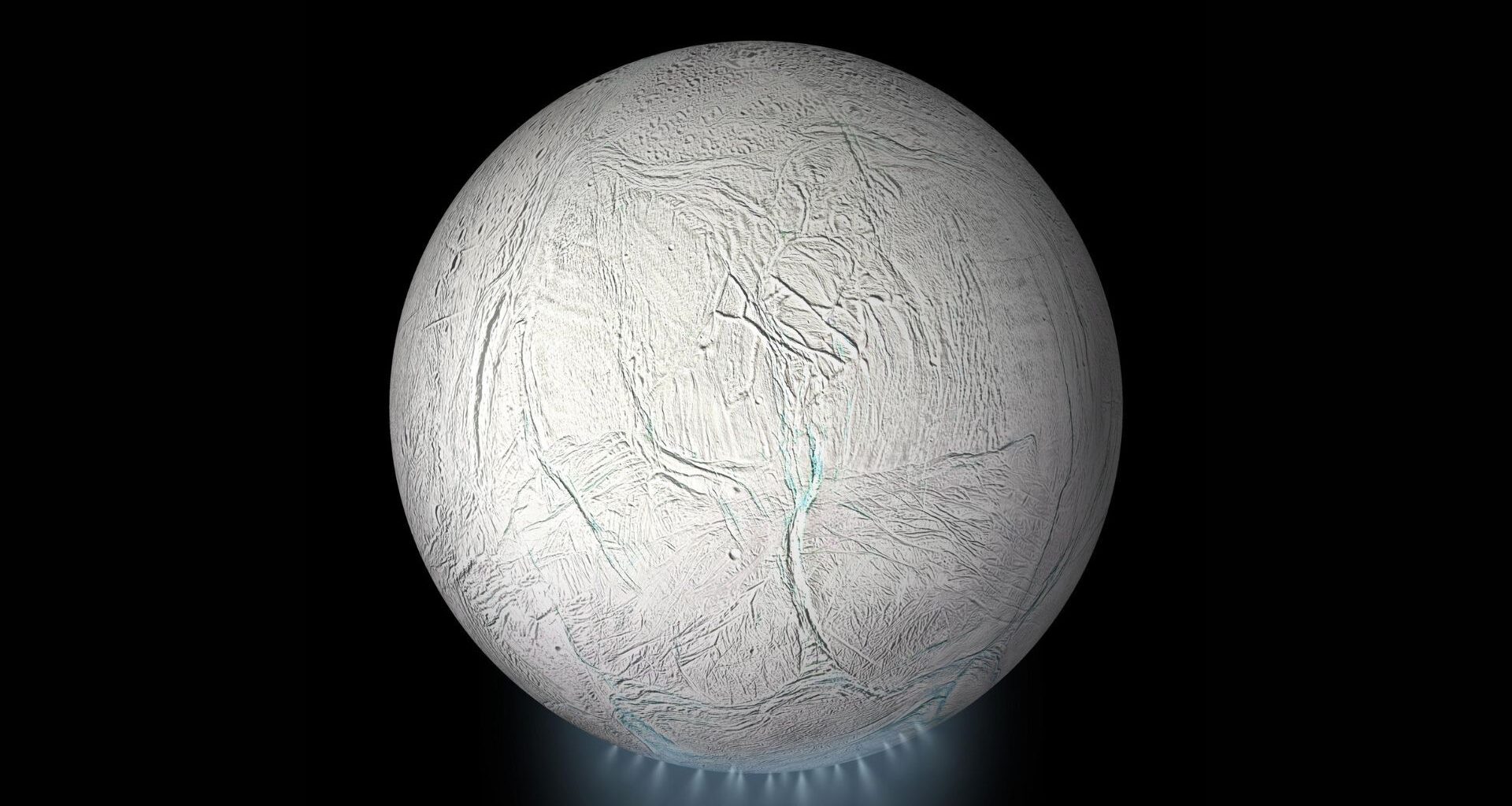 A photo of the moon Enceladus with a blue plume of steam underneath it as it sits in the darkness of space