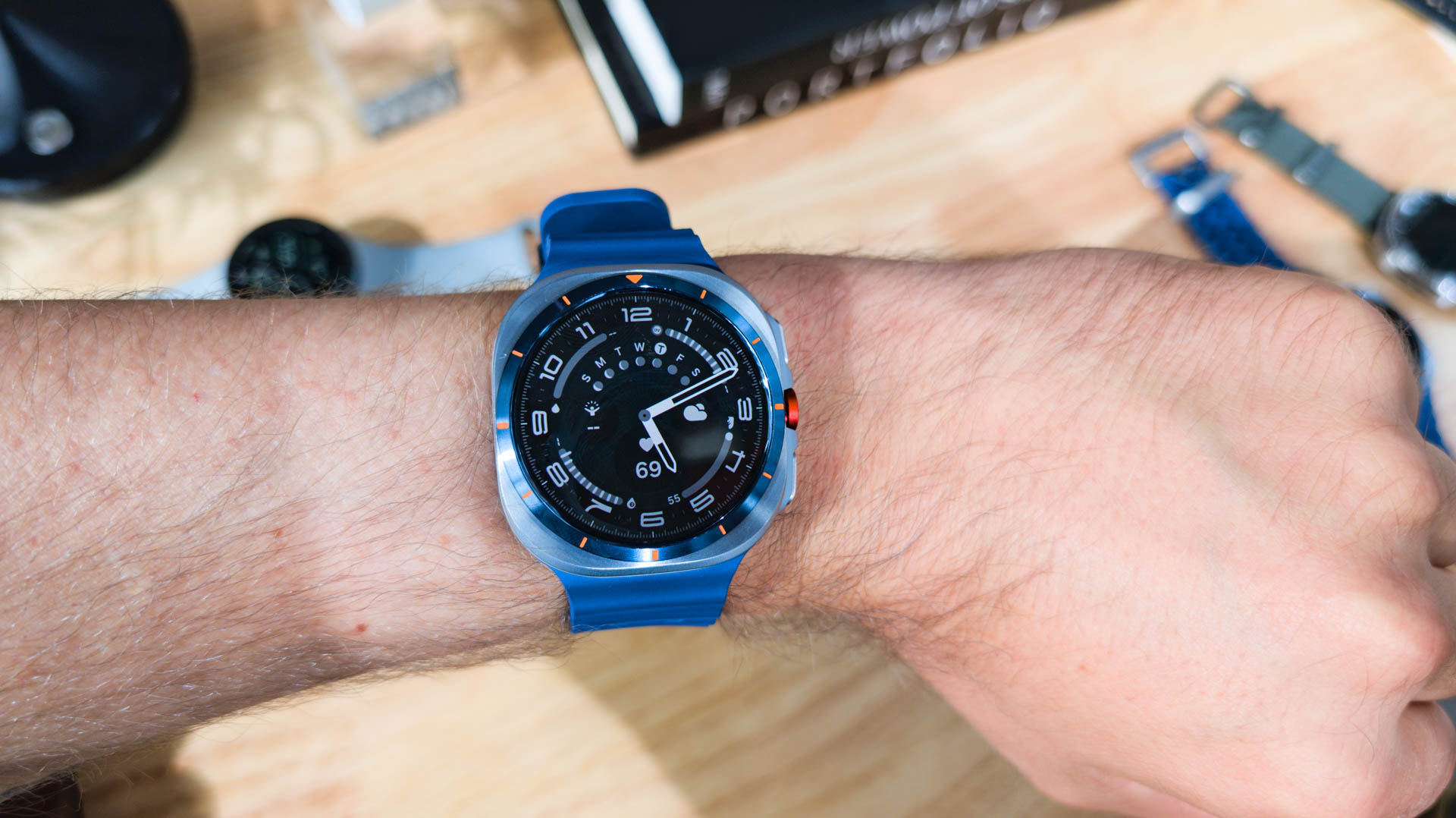 Samsung Galaxy Watch Ultra 2025 Titanium Blue on Wrist showing pilot face Samsung Galaxy Watch Ultra 2025 Titanium Blue on Wrist showing pilot face
