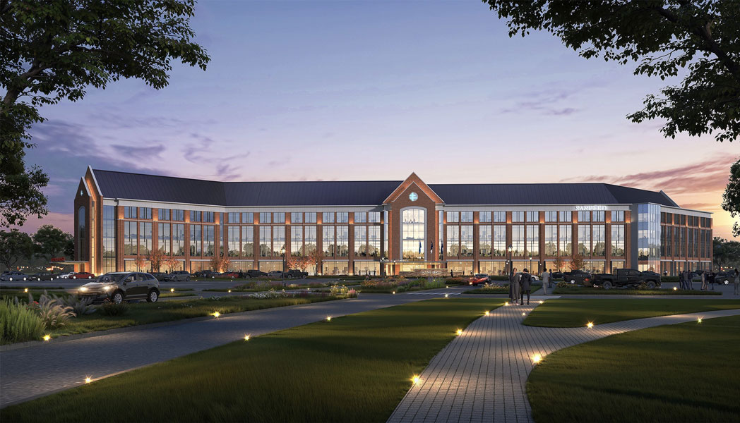 Ground-view rendering of new hospital with South Dakota's Black Hills reflected in the windows.