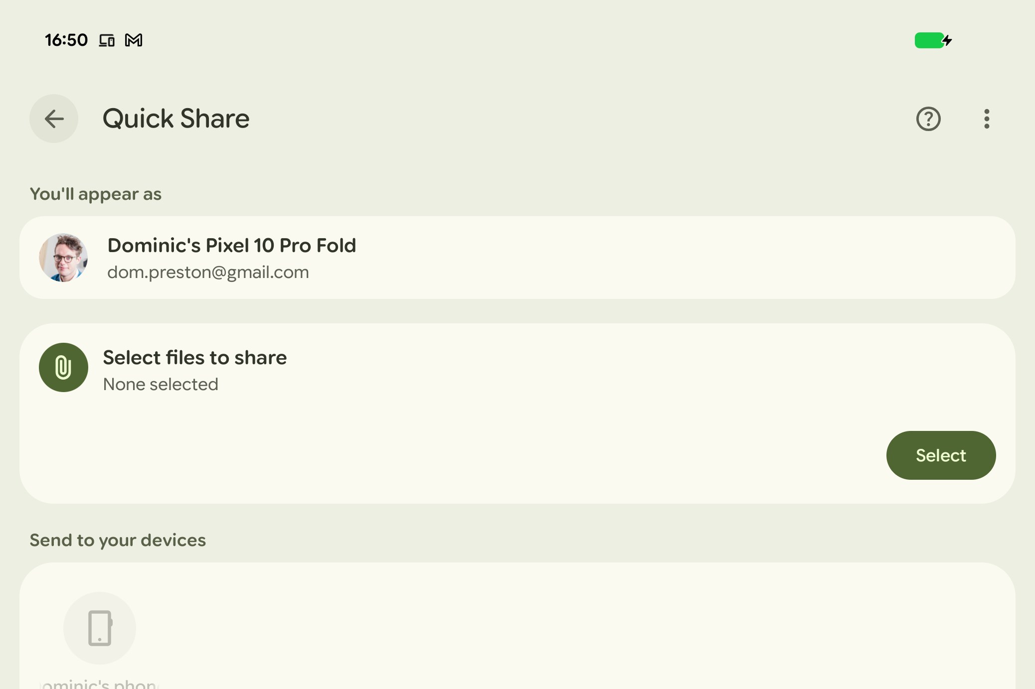 Screenshot of Pixel 10 Pro Fold Quick Share menu, with no Wi-Fi connection.