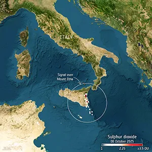 This Sentinel-4 image presents a vertical column density of sulfur dioxide. A distinct plume can be seen emerging from Mount Etna in Italy and drifting south-eastwards over the sea. Credit: ESA