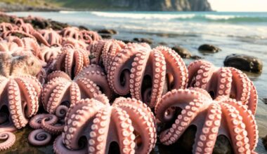Several Octopuses Gathered On The Shore Of A Rocky Beach