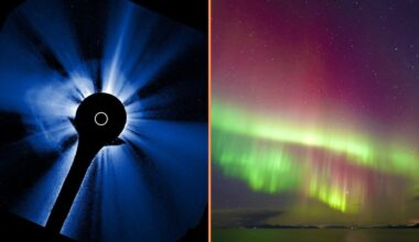 two panel image showing the cme that left the sun on Nov 5 that is currently heading for Earth and on the right is a vivid northern lights display.