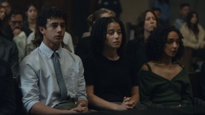 PRESUMED INNOCENT, from left: Kingston Rumi Southwick, Chase Infiniti, Ruth Negga, 'The Verdict', (Season 1, ep. 108, aired July 24, 2024). photo: Michael Becker /©Apple TV+ /Courtesy Everett Collection