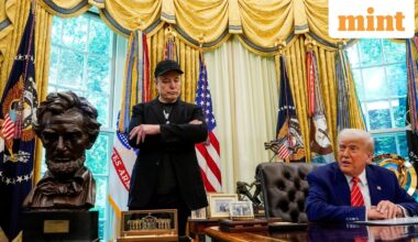 US President Donald Trump and Elon Musk attend a press conference in the Oval Office of the White House in Washington, DC, May 30, 2025.