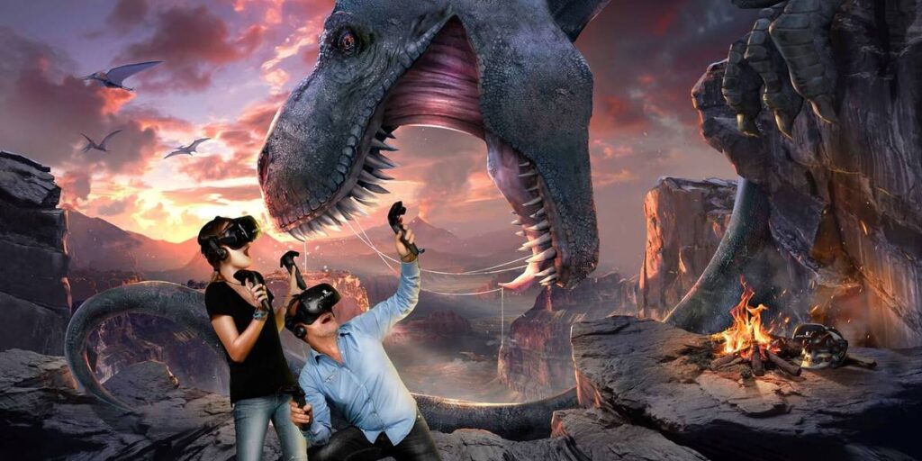Two people in VR headsets battle a massive T-Rex at Virtual Room.