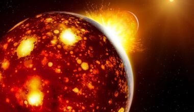 Theia and Earth: Rocky planet with many bright glowing craters and a smaller rocky body colliding with it.