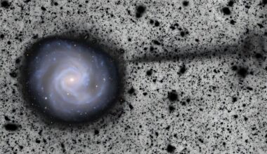 An image of a spiral galaxy on a splotchy black and white background with a stream of black material emerging from the galaxy