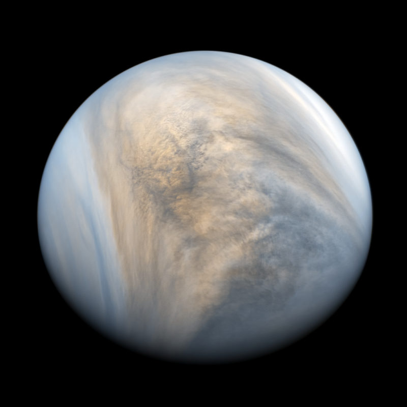 Planet banded with turbulent blue, white and tan clouds, on black background.