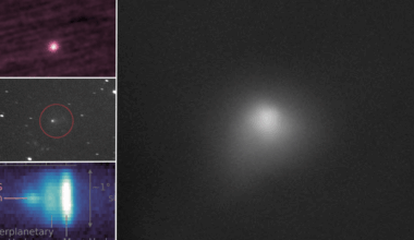A series of four photos, one large one on the right and three stacked on the left showing various dots of comet 3I/ATLAS