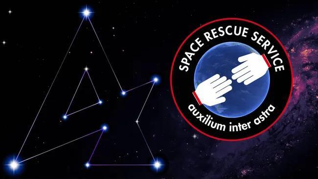 A circular logo in front of a starry background with the words "space rescue service" in white at the top