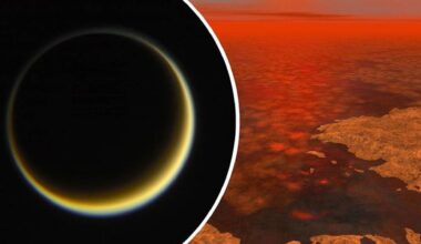 on the left, a telescope image of Titan. On the right, a recreation of what its surface may look like.