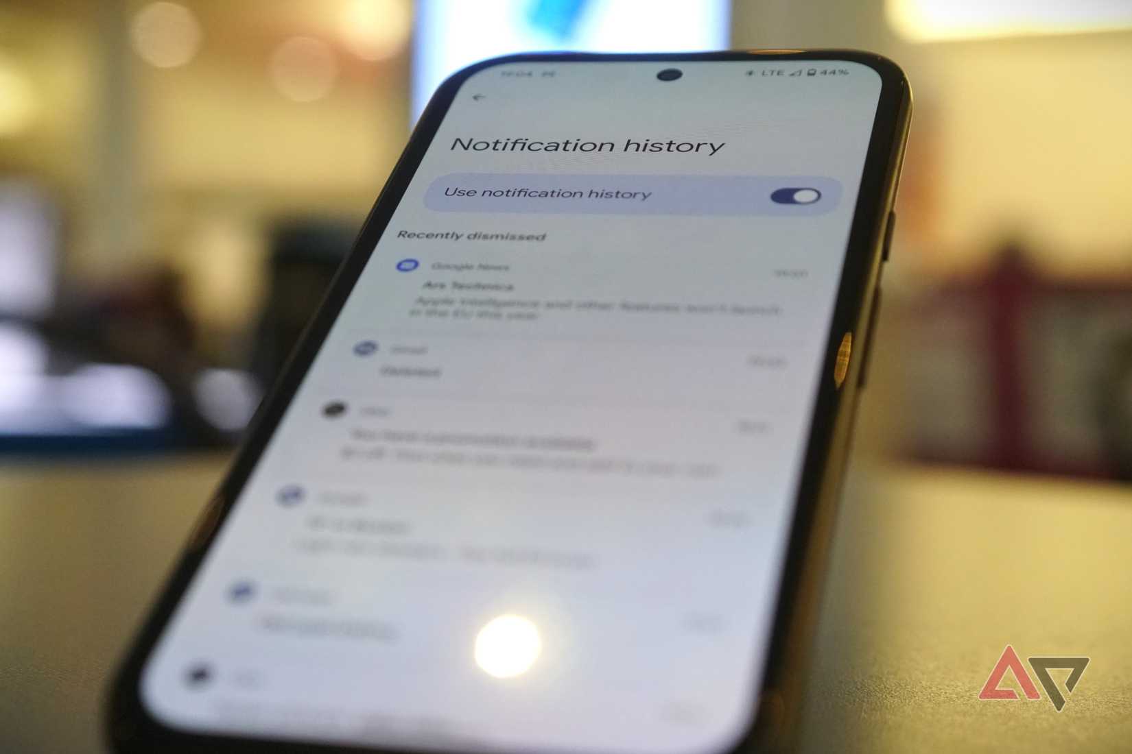 The notification history menu within Android's settings.