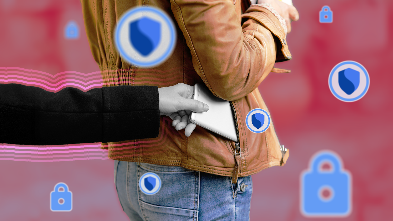 A pickpocket stealing a phone from someone's pocket with several shields and padlocks around.