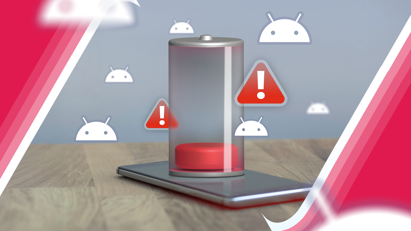 A smartphone with a low battery icon above the screen and Android icons around it.