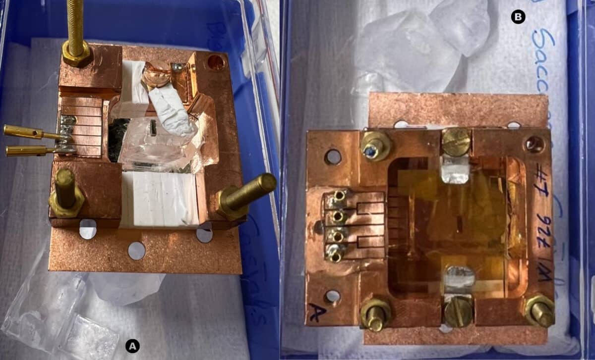 (a) Sugar Crystal Instrumented With An Ntd Thermistor And Mounted In Its Copper Holder. Larger Sugar Crystals, Produced Using The Same Procedure, Are Visible In The Box Below The Detector; (b) Lig