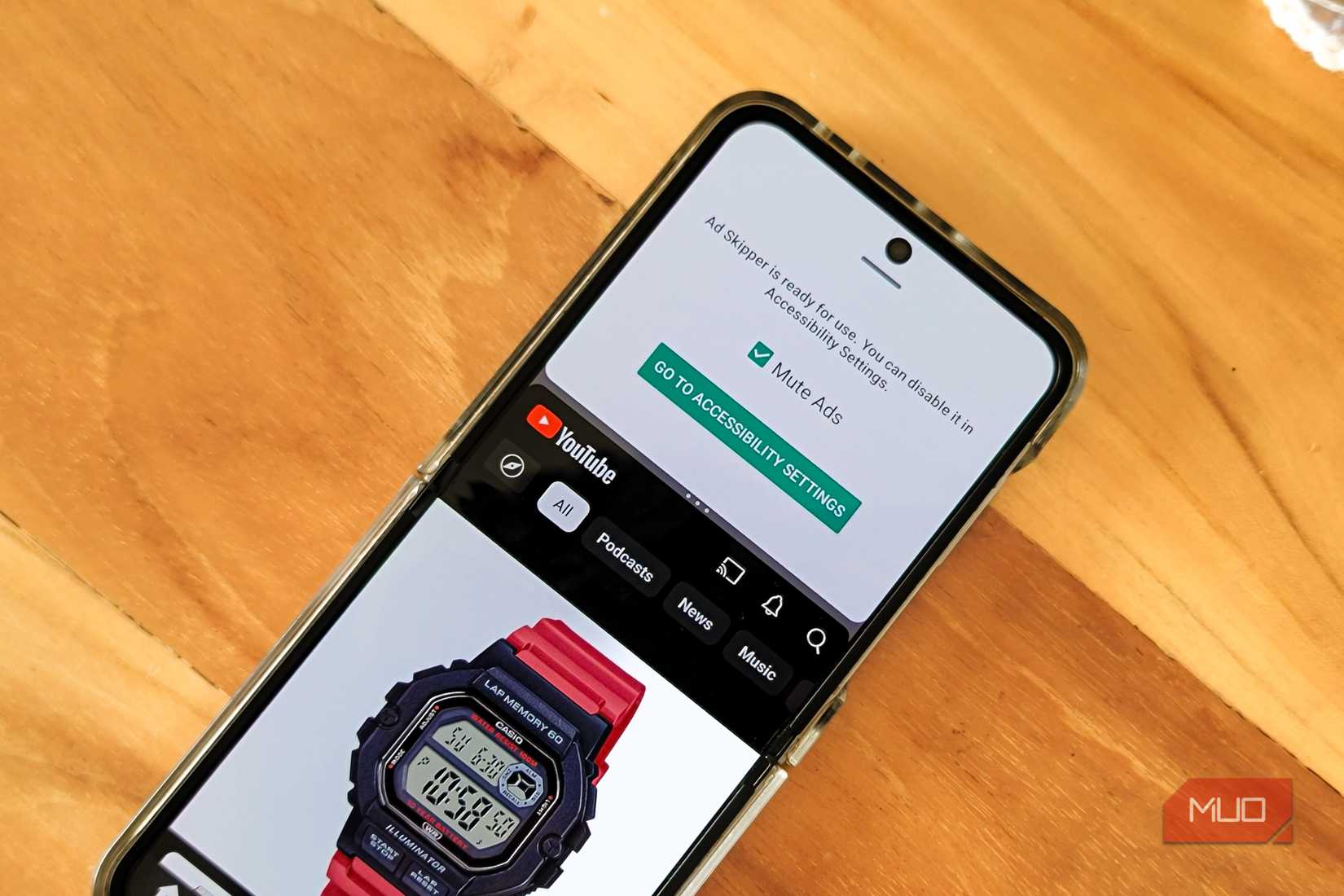 Ad Skipper and the YouTube app open in split mode on Samsung Galaxy Z Flip 6