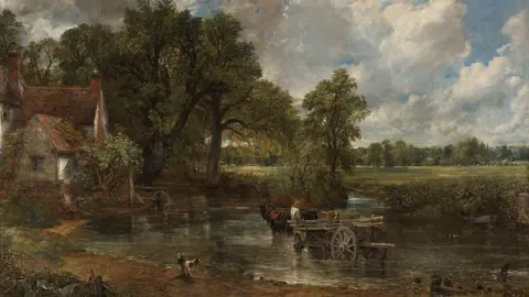 The National Gallery The oil painting depicts an idyllic scene in Flatford, near Dedham, and shows a horse and cart in the River Stour and Willy Lott's cottage on the bank.